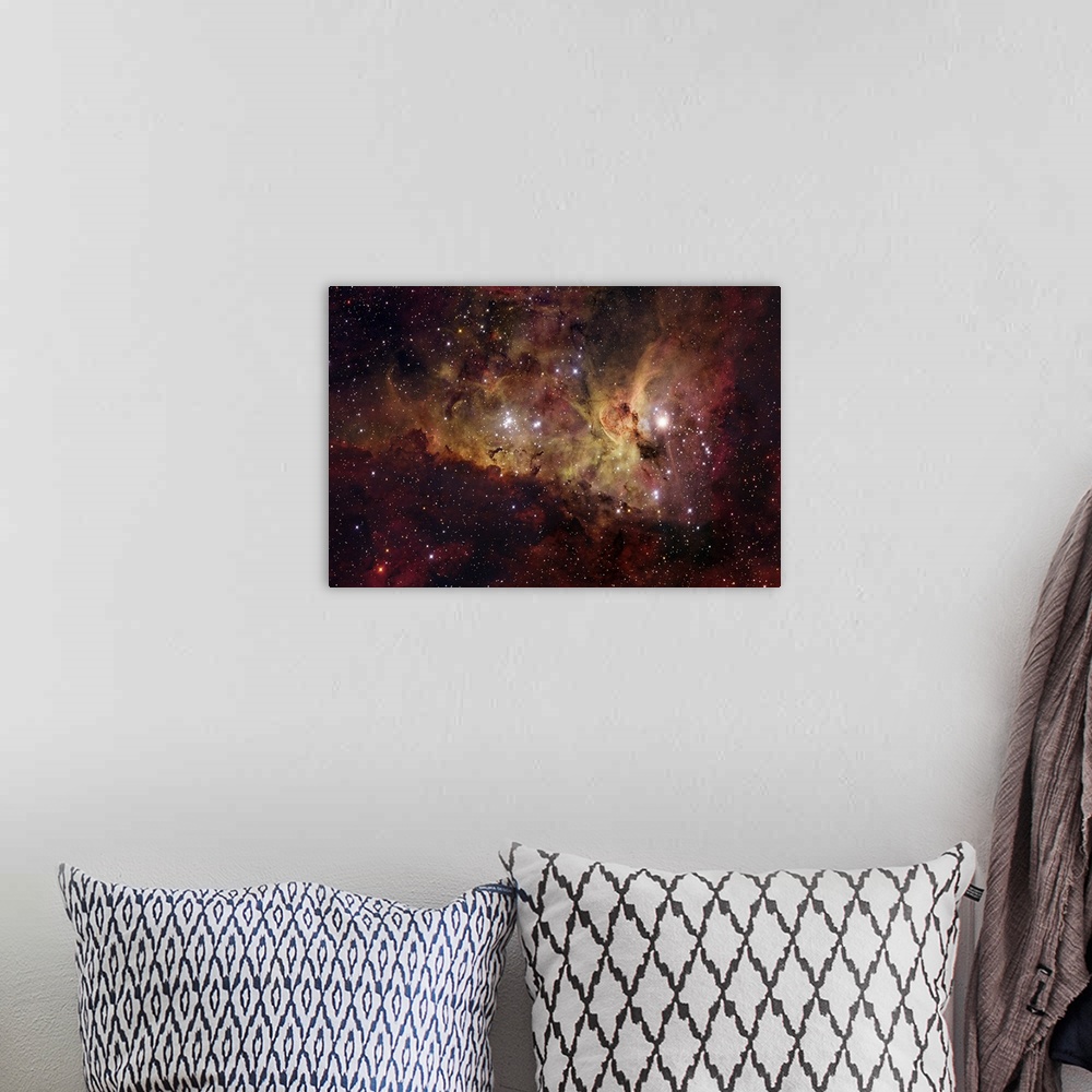 A bohemian room featuring The hypergiant star Eta Carinae nebula glowing brightly in space.