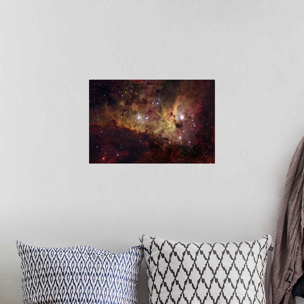 A bohemian room featuring The hypergiant star Eta Carinae nebula glowing brightly in space.