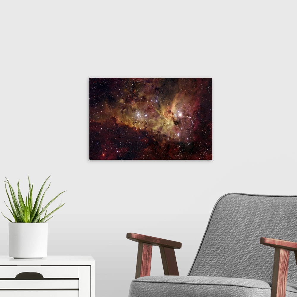 A modern room featuring The hypergiant star Eta Carinae nebula glowing brightly in space.