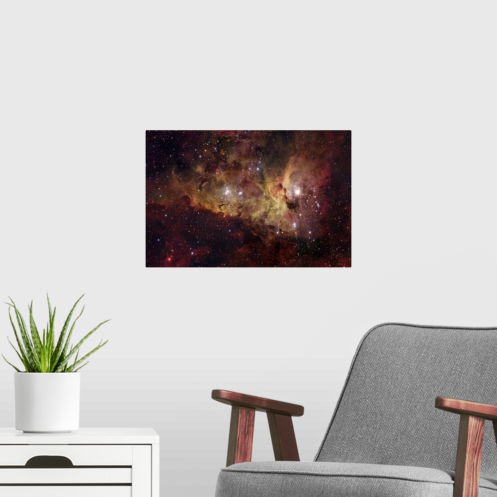 A modern room featuring The hypergiant star Eta Carinae nebula glowing brightly in space.