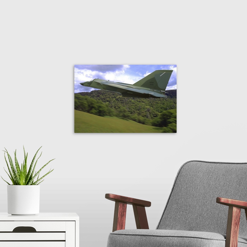 A modern room featuring F-111 Ardvark flying over northern Sacramento Mountains, California.