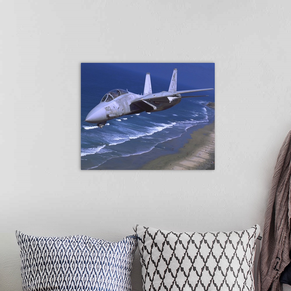 A bohemian room featuring F-14 Tomcat flying over San Diego, California.