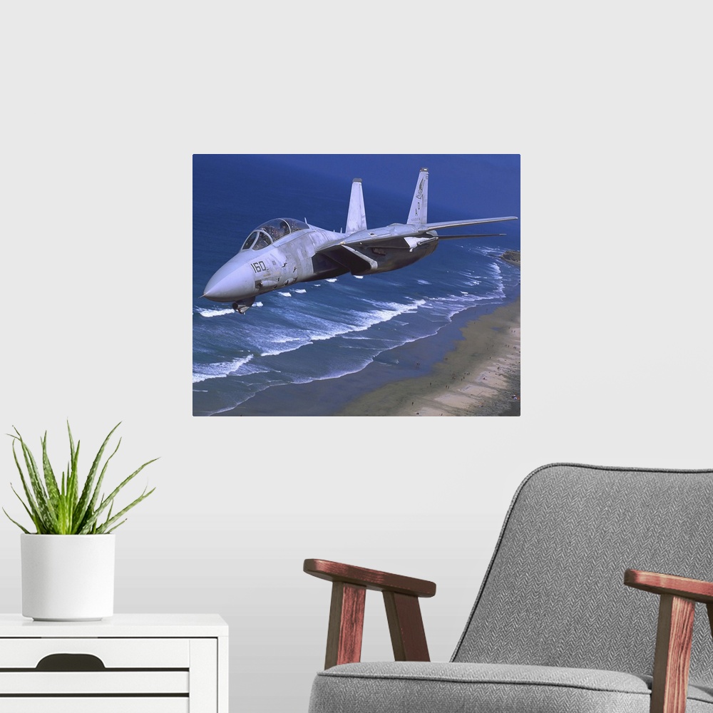 A modern room featuring F-14 Tomcat flying over San Diego, California.