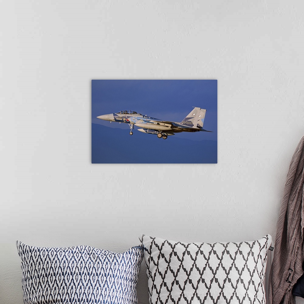 A bohemian room featuring F-15DJ Eagle of the Japan Air Self Defense Force's Hiko Kyodatai aggressor squadron flying over J...