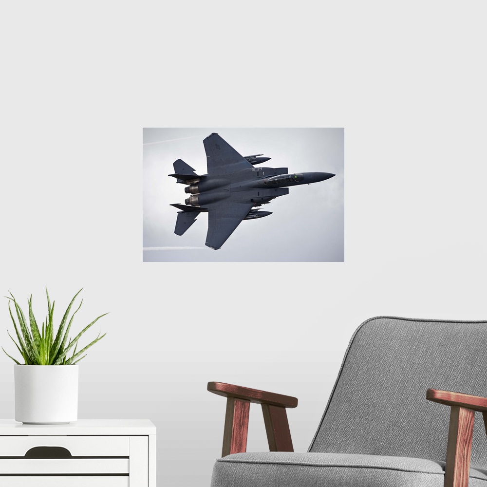 A modern room featuring F-15E Strike Eagle low flying over North Wales, United Kingdom.