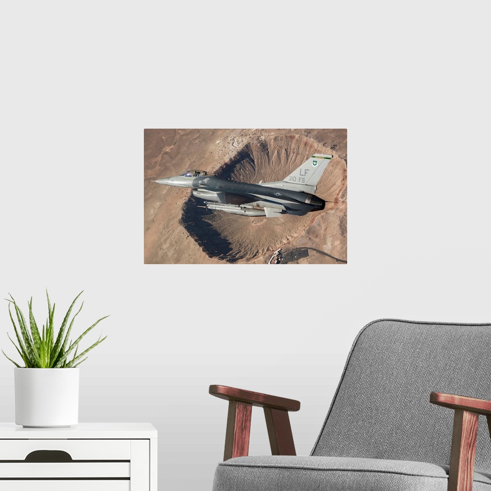 A modern room featuring F-16C Fighting Falcon flying above Arizona's Meteor Crater. The F-16C Fighting Falcon is the flag...