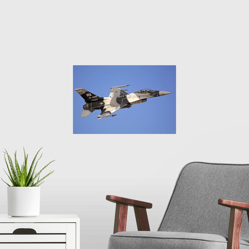 A modern room featuring F-16C Fighting Falcon flying over Fallon, Nevada.