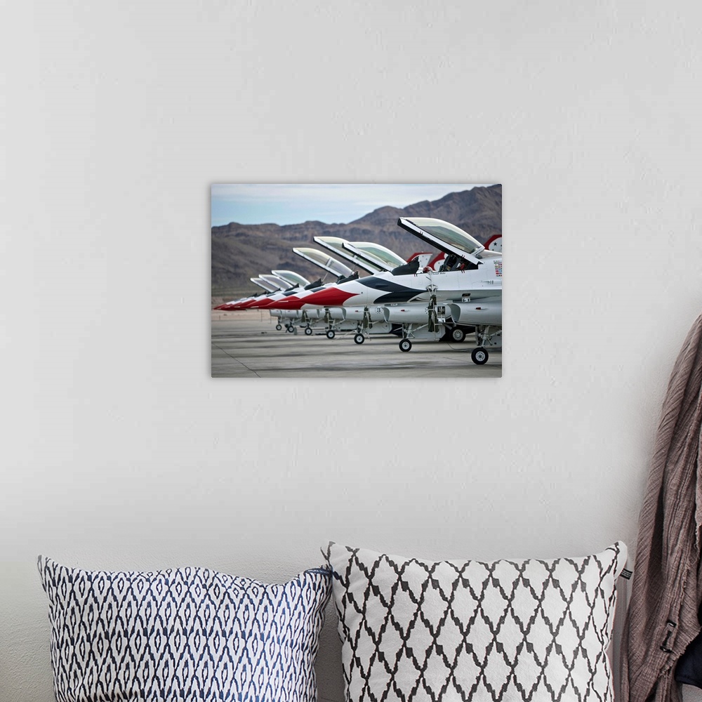 A bohemian room featuring F-16C Thunderbirds on the ramp at Nellis Air Force Base, Nevada.