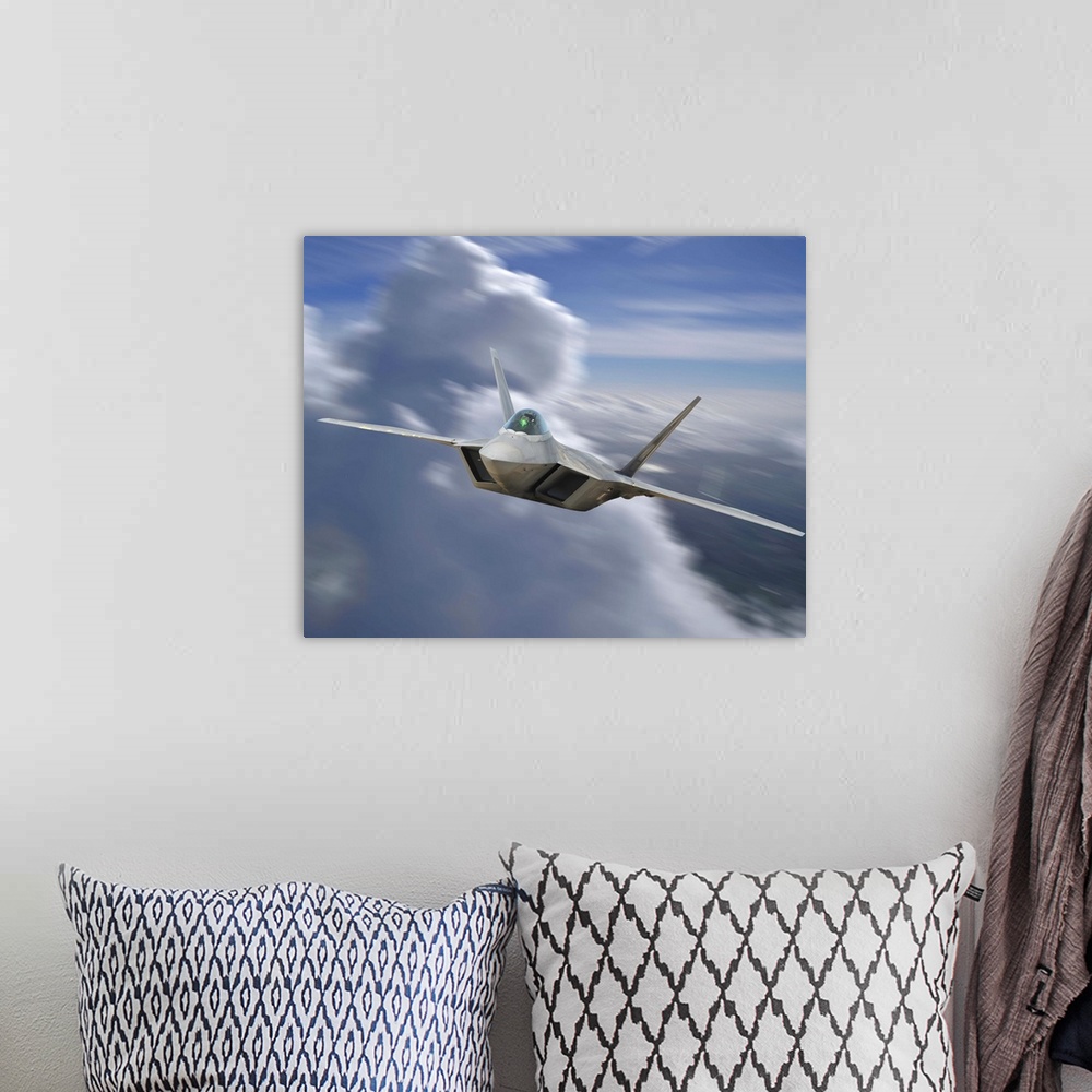 A bohemian room featuring F-22 Rapter flying over Sacramento, California.