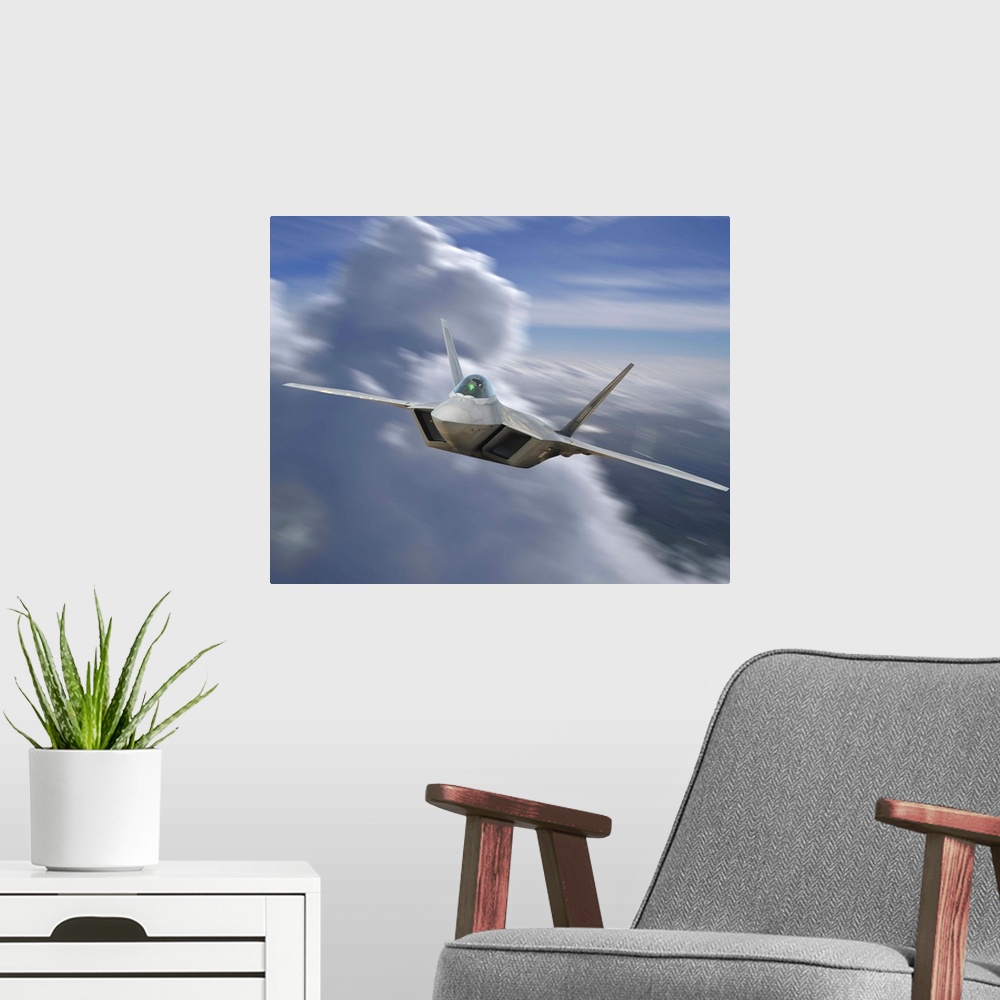 A modern room featuring F-22 Rapter flying over Sacramento, California.