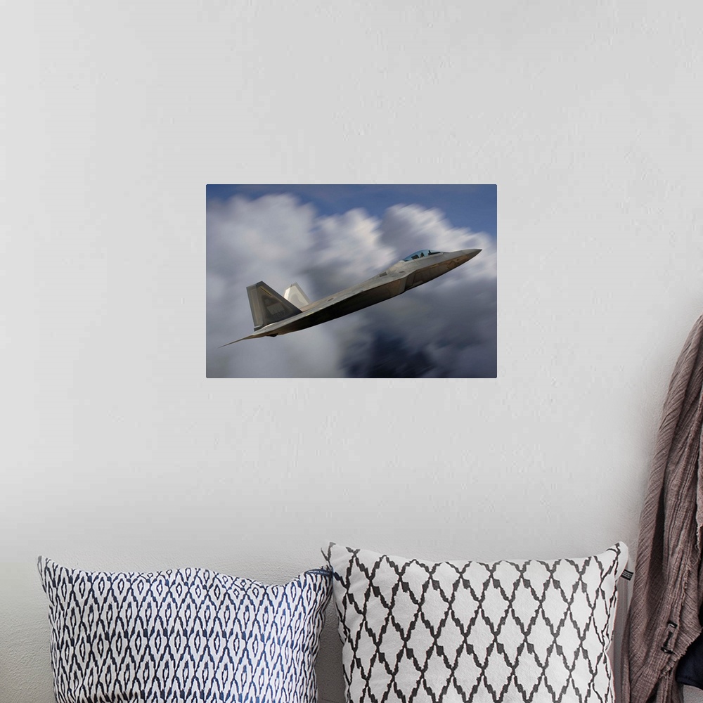 A bohemian room featuring F-22 Raptor flying over California.