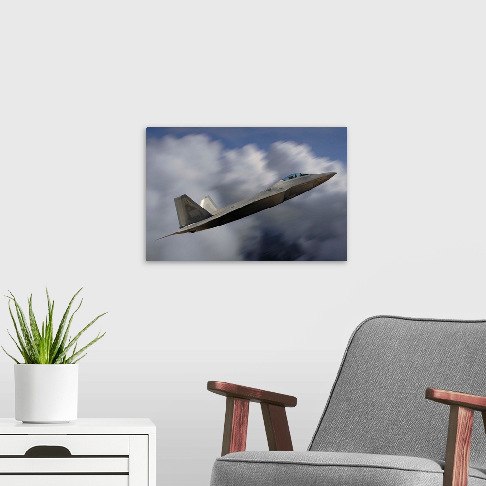 A modern room featuring F-22 Raptor flying over California.