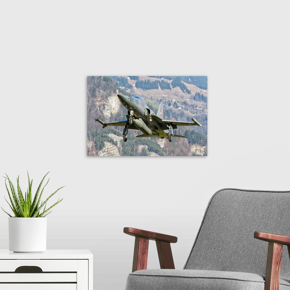 A modern room featuring F-5E Tiger II from the Swiss Air Force landing.
