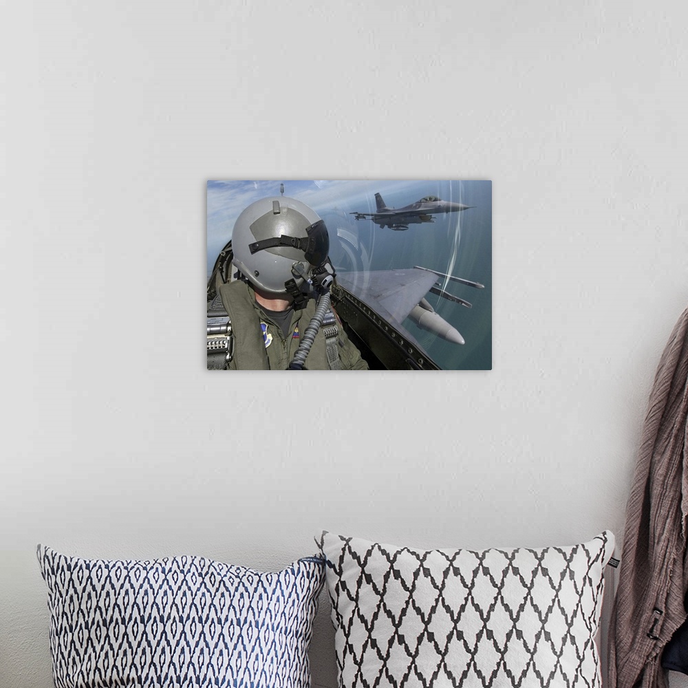 A bohemian room featuring F16 Fighting Falcons flying over southern Florida