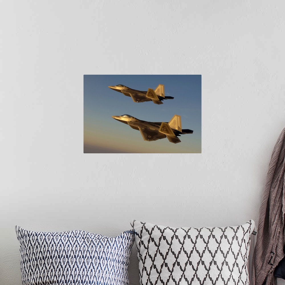 A bohemian room featuring This wall art is a photograph of two United States Air Force twin-engine fighter aircrafts in fli...