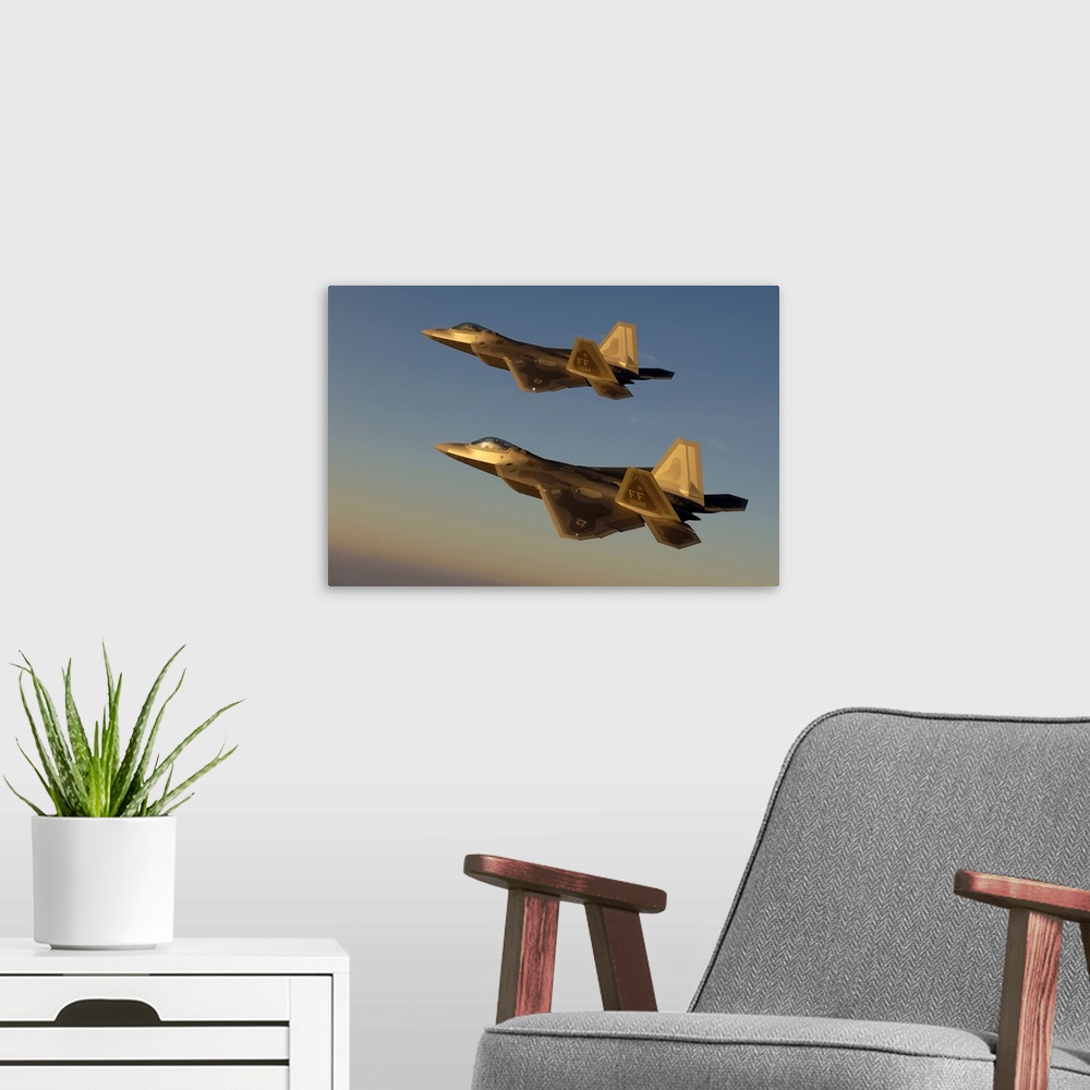 A modern room featuring This wall art is a photograph of two United States Air Force twin-engine fighter aircrafts in fli...