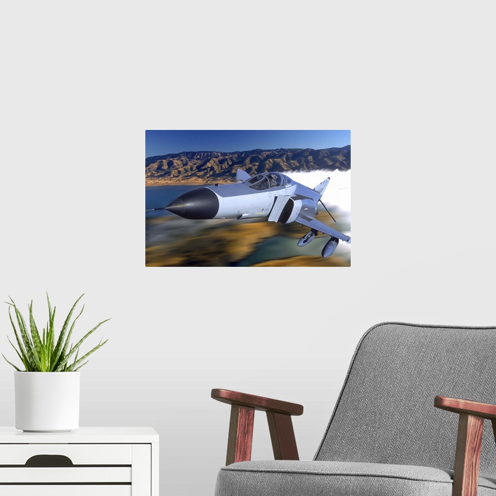 A modern room featuring F4 Phantom flying over Ukiah, California.