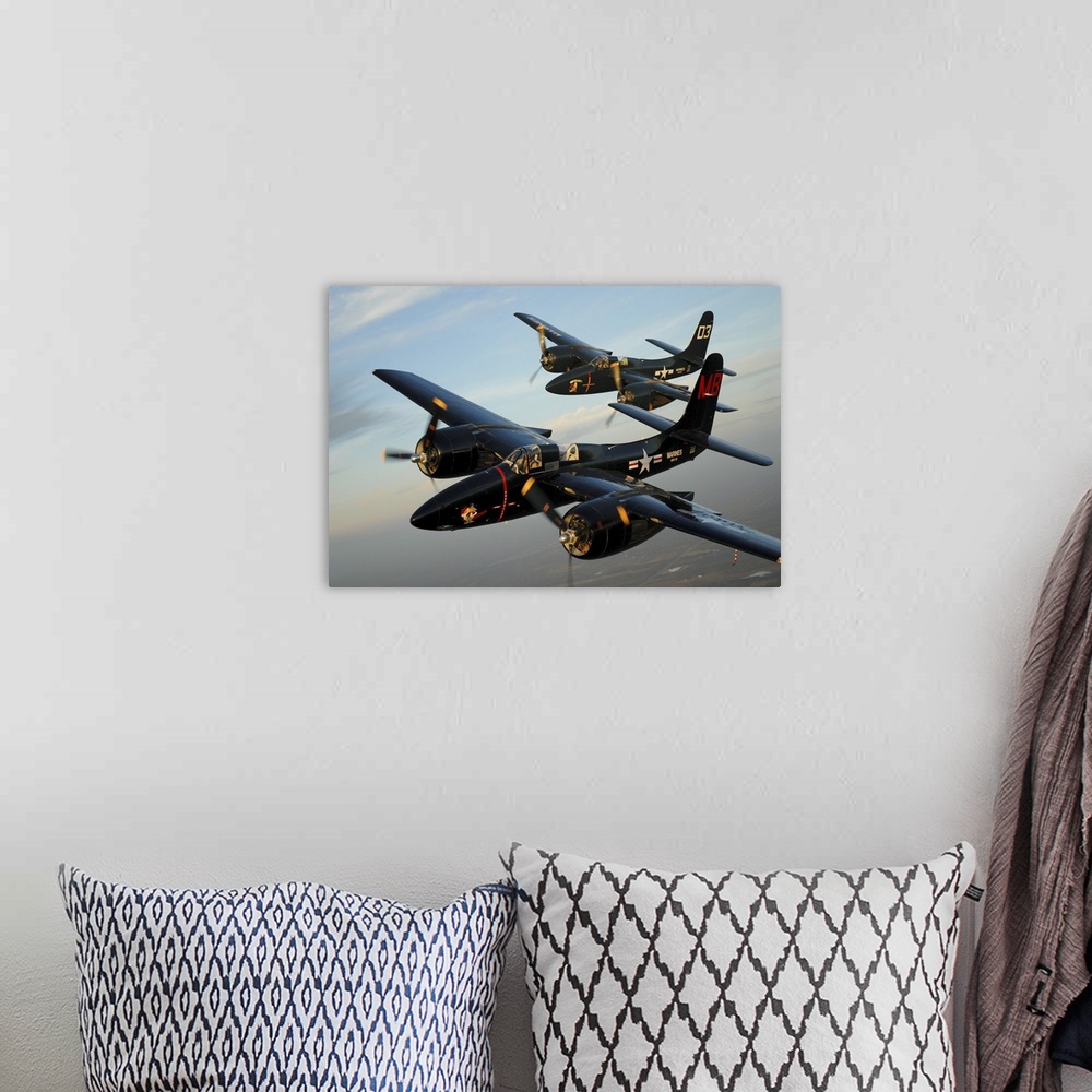 A bohemian room featuring F7F Tigercats in formation flight over San Antonio, Texas.