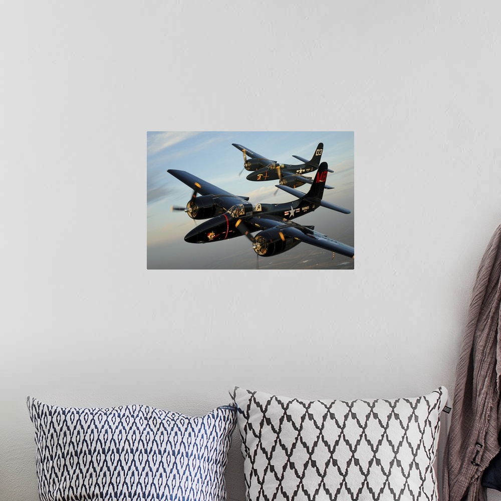 A bohemian room featuring F7F Tigercats in formation flight over San Antonio, Texas.