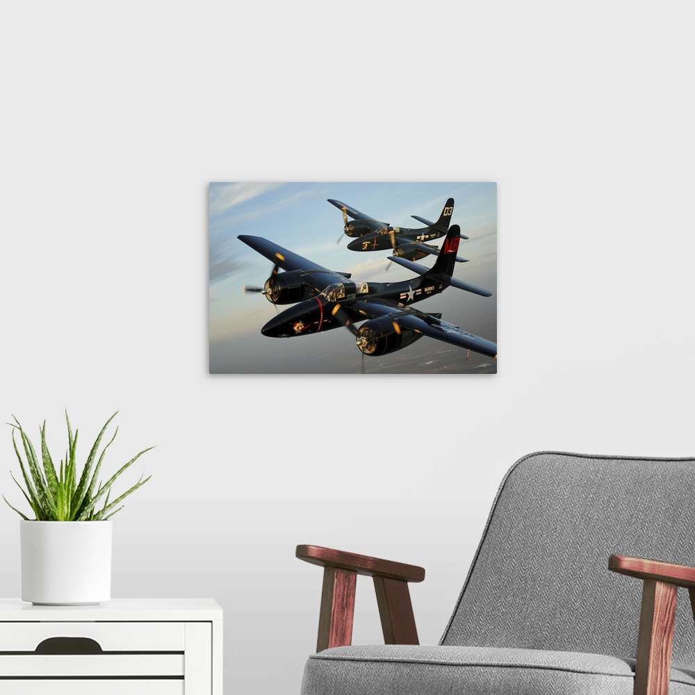 A modern room featuring F7F Tigercats in formation flight over San Antonio, Texas.