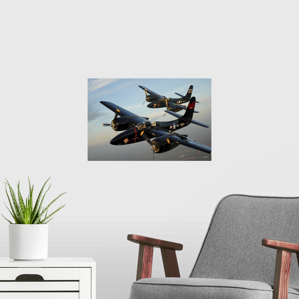 A modern room featuring F7F Tigercats in formation flight over San Antonio, Texas.