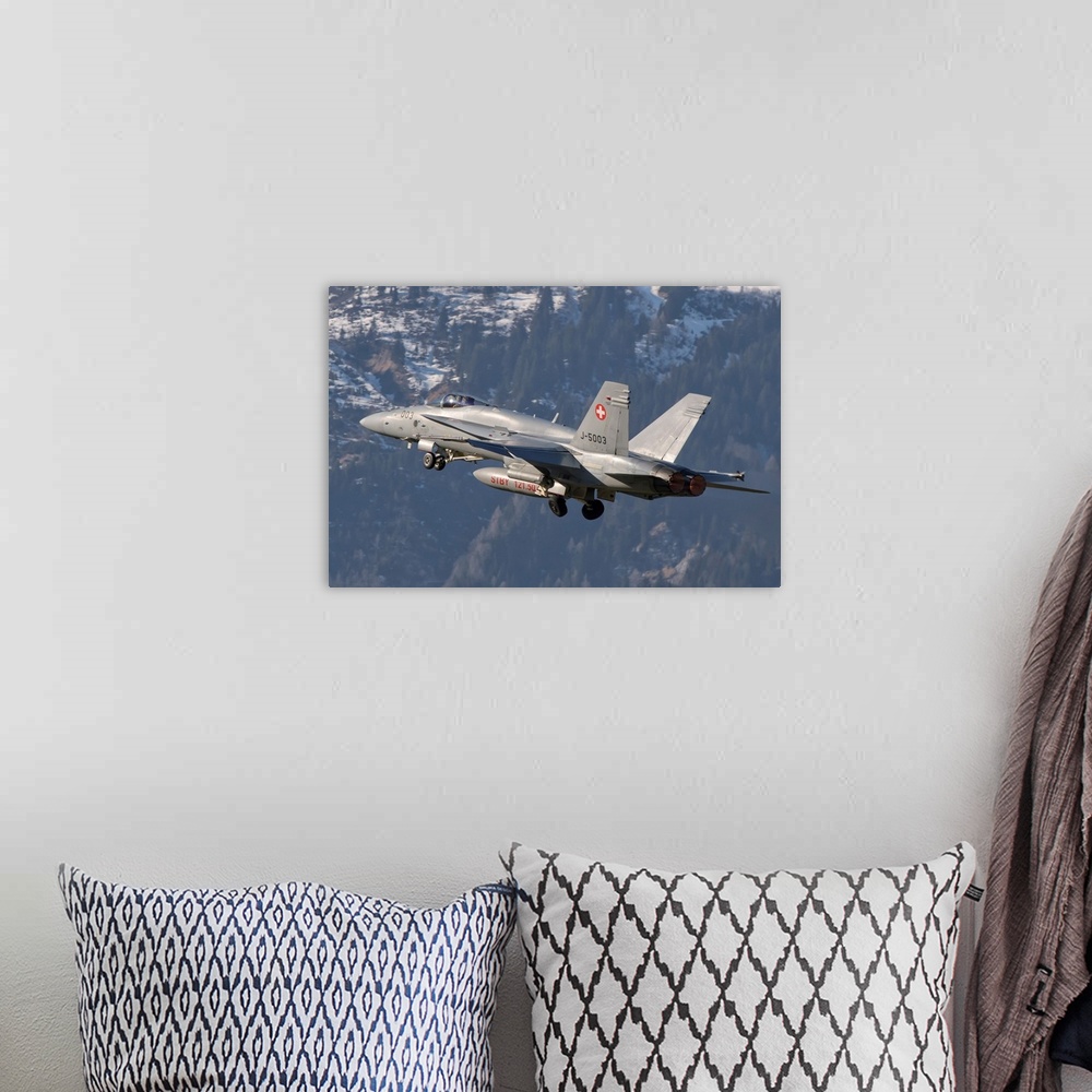 A bohemian room featuring F/A-18 from the Swiss Air Force taking off.