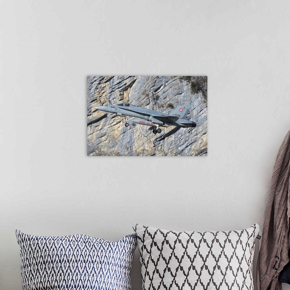 A bohemian room featuring F/A-18 from the Swiss Air Force taking off.
