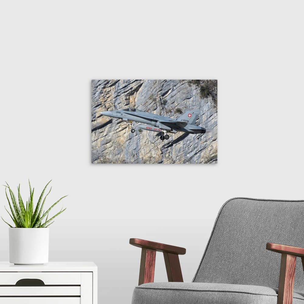 A modern room featuring F/A-18 from the Swiss Air Force taking off.