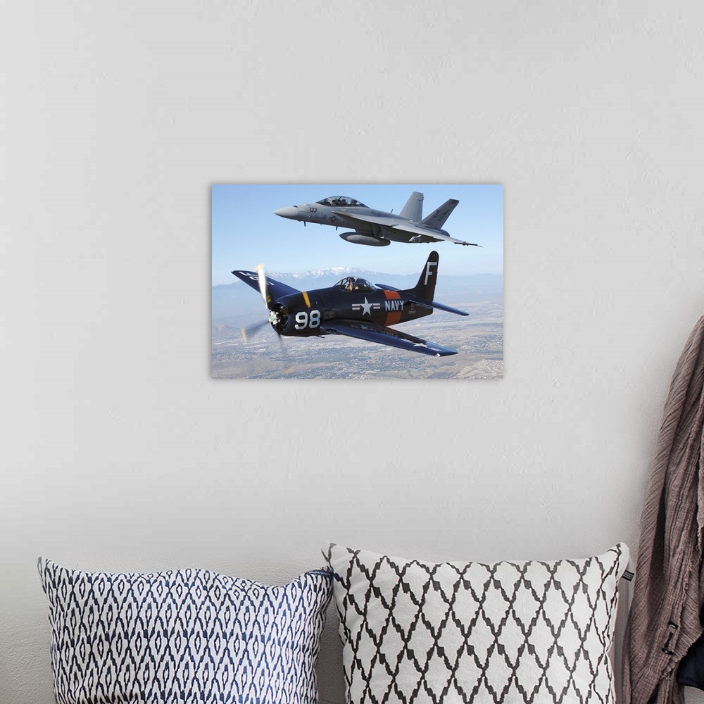 A bohemian room featuring F/A-18 Hornet and F8F Bearcat flying over Chino, California.