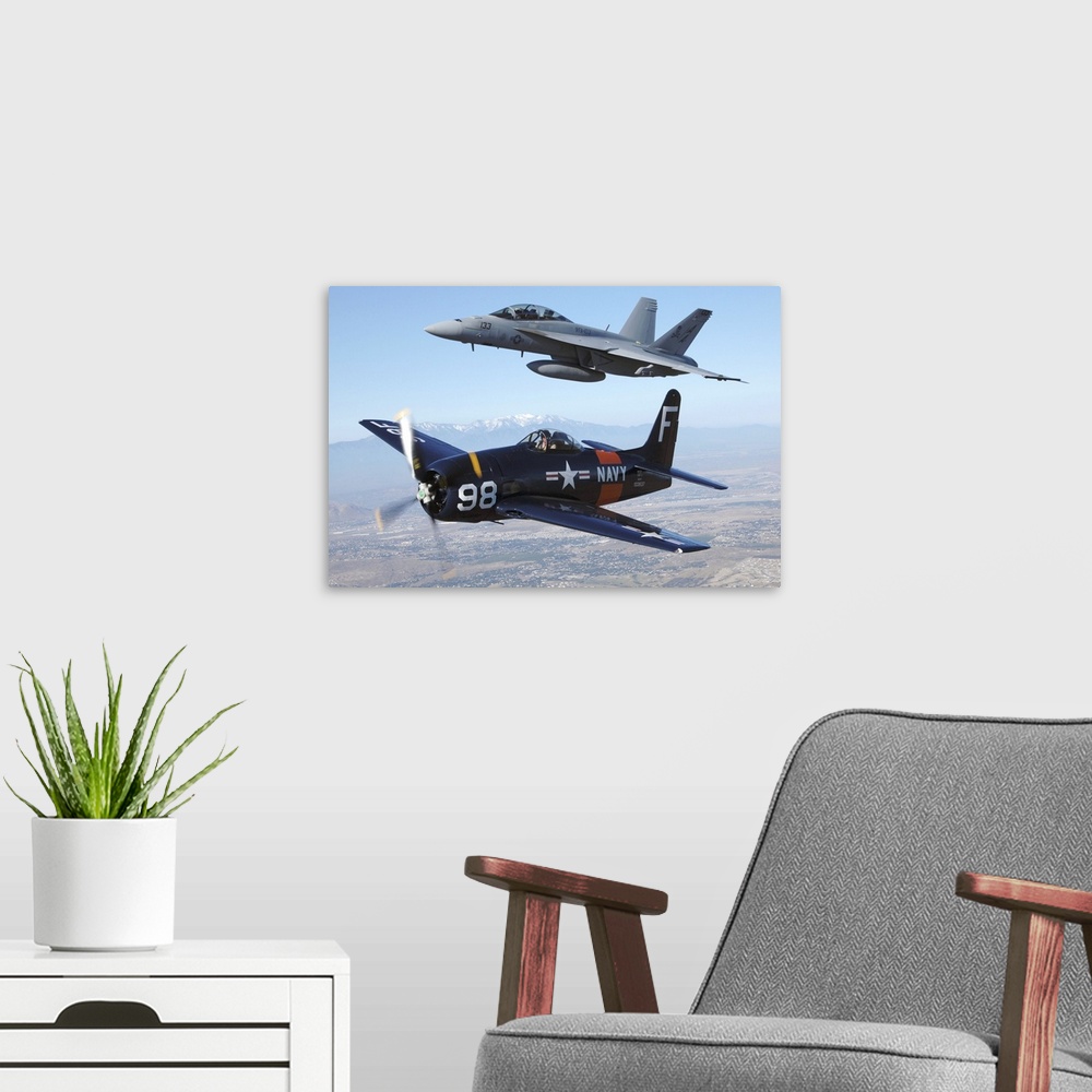 A modern room featuring F/A-18 Hornet and F8F Bearcat flying over Chino, California.