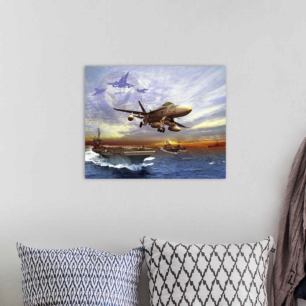 A bohemian room featuring F/A-18 Hornet taking off of a U.S. Navy aircraft carrier.