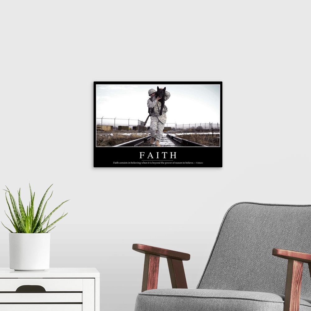 A modern room featuring Faith: Inspirational Quote and Motivational Poster