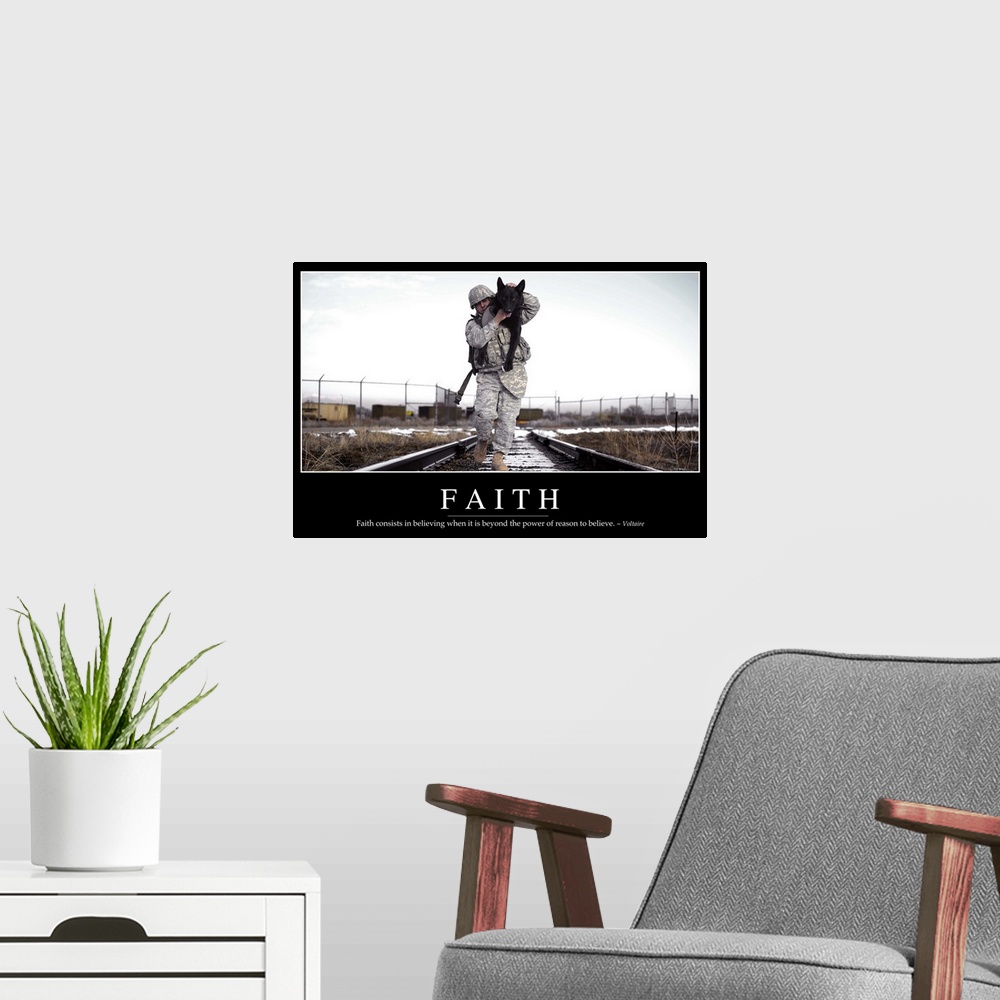 A modern room featuring Faith: Inspirational Quote and Motivational Poster