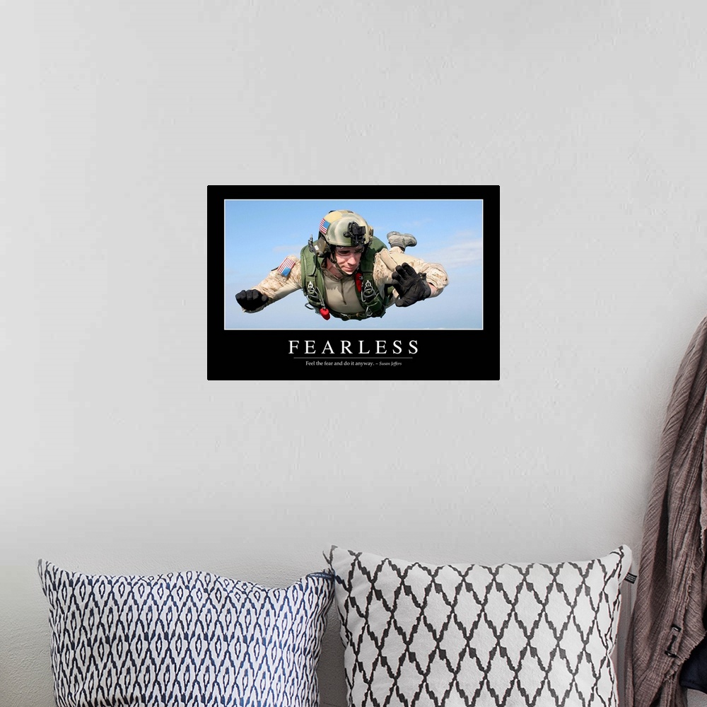 A bohemian room featuring Fearless: Inspirational Quote and Motivational Poster