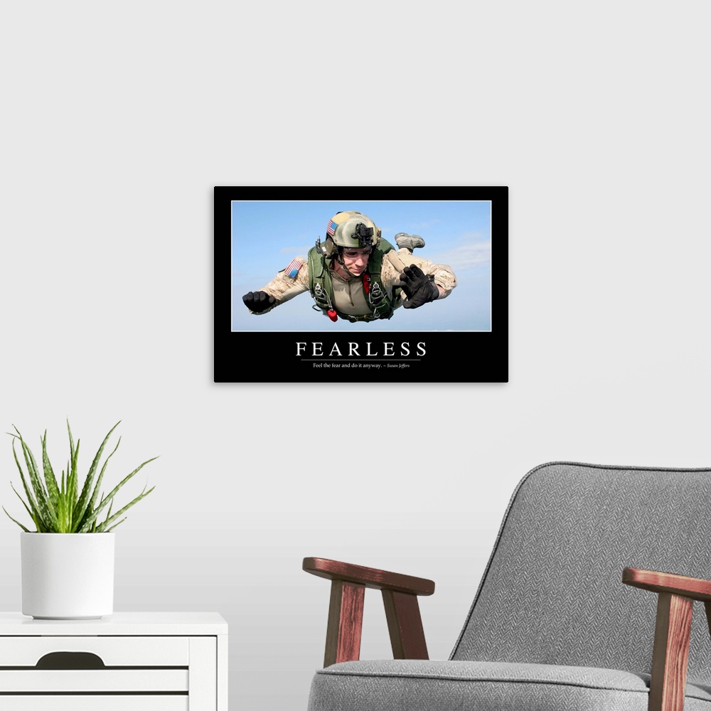 A modern room featuring Fearless: Inspirational Quote and Motivational Poster