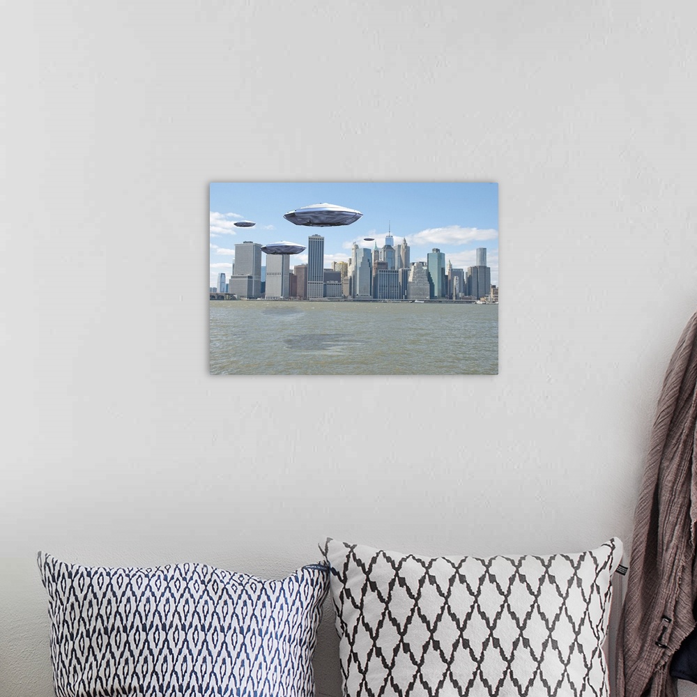 A bohemian room featuring Flying saucers over New York harbor. 3D Rendering