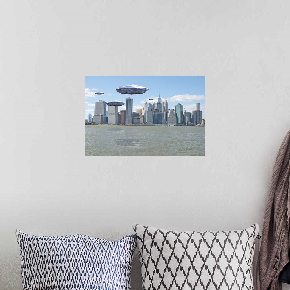 A bohemian room featuring Flying saucers over New York harbor. 3D Rendering
