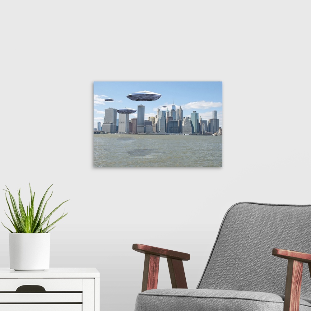 A modern room featuring Flying saucers over New York harbor. 3D Rendering