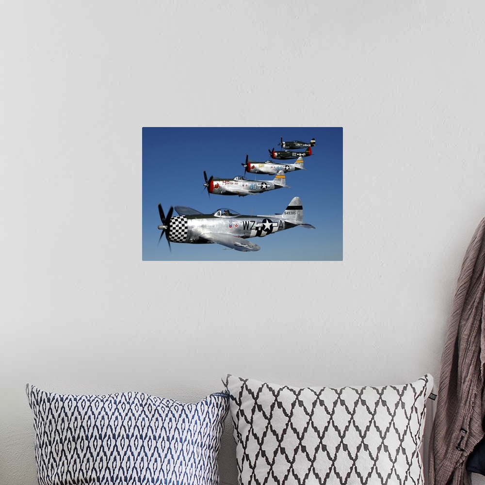 A bohemian room featuring Formation of P-47 Thunderbolts flying over Chino, California.