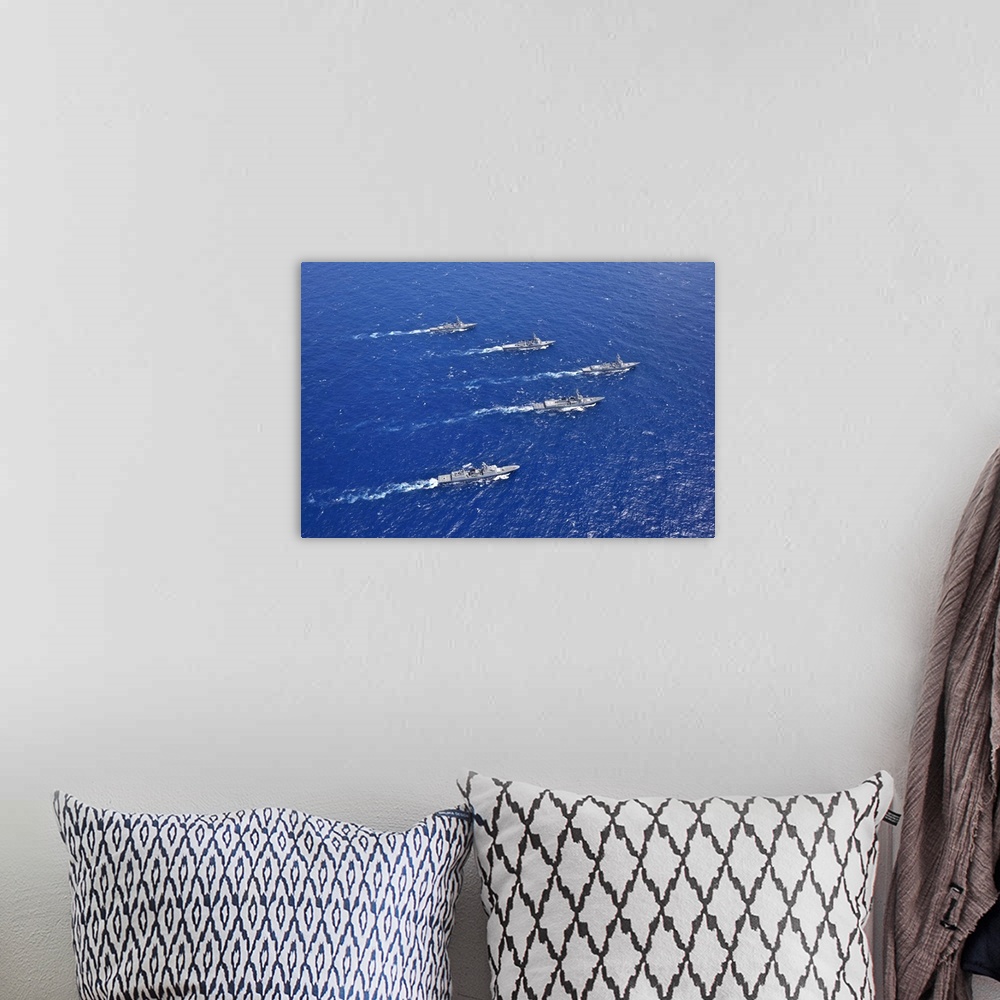 A bohemian room featuring Formation of warships from the U.S. Navy, ROK Navy and Japan Maritime Self Defense Force.