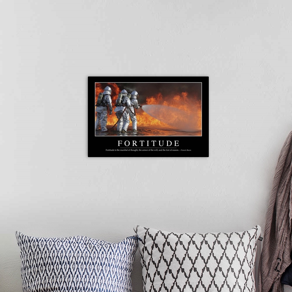 A bohemian room featuring Fortitude: Inspirational Quote and Motivational Poster