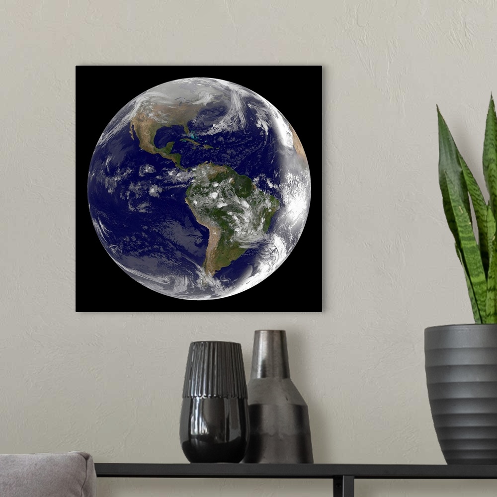 A modern room featuring Full Earth showing North and South America on March 2, 2010.