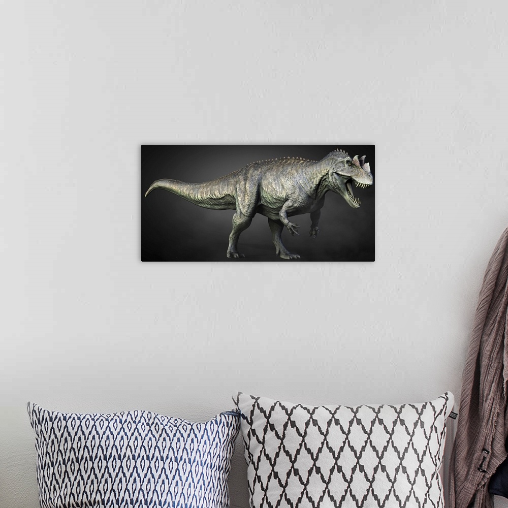 A bohemian room featuring Full length view of a Ceratosaurus dinosaur.