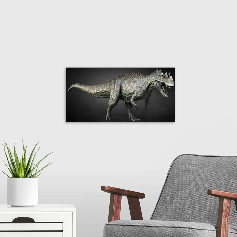 A modern room featuring Full length view of a Ceratosaurus dinosaur.
