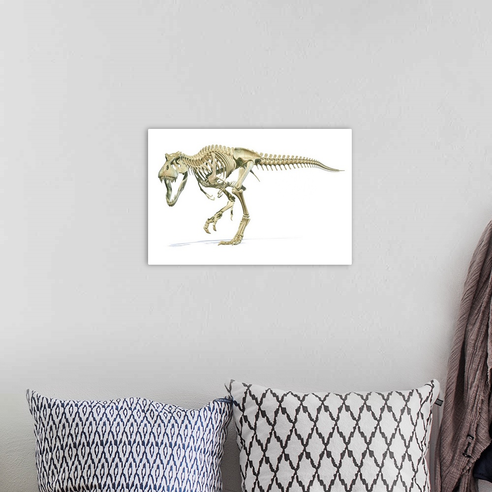 A bohemian room featuring Full skeleton 3D rendering of Tyrannosaurus rex dinosaur.