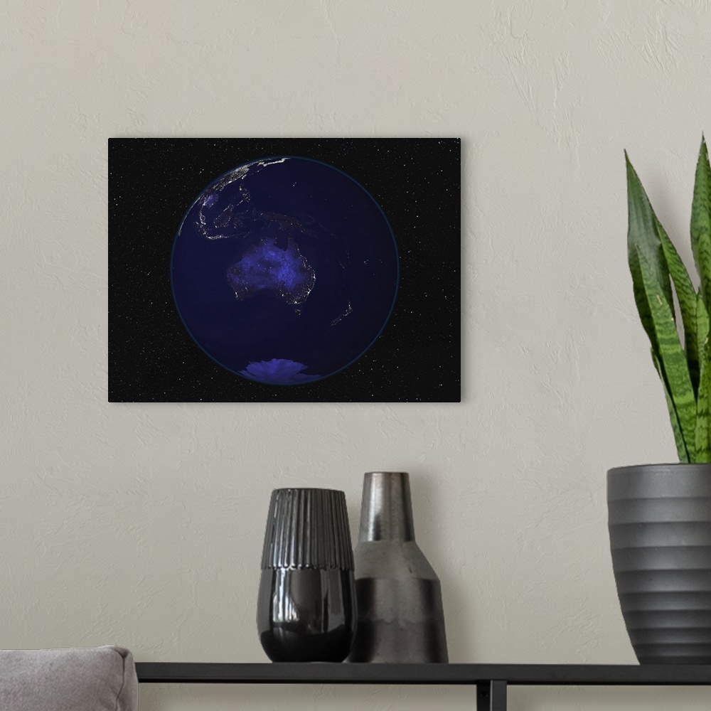 A modern room featuring Fully dark city lights image of Earth centered on Australia and Oceania