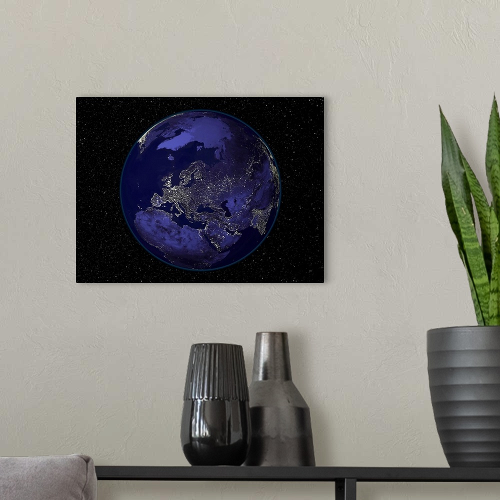 A modern room featuring Fully dark city lights image of Earth centered on Europe