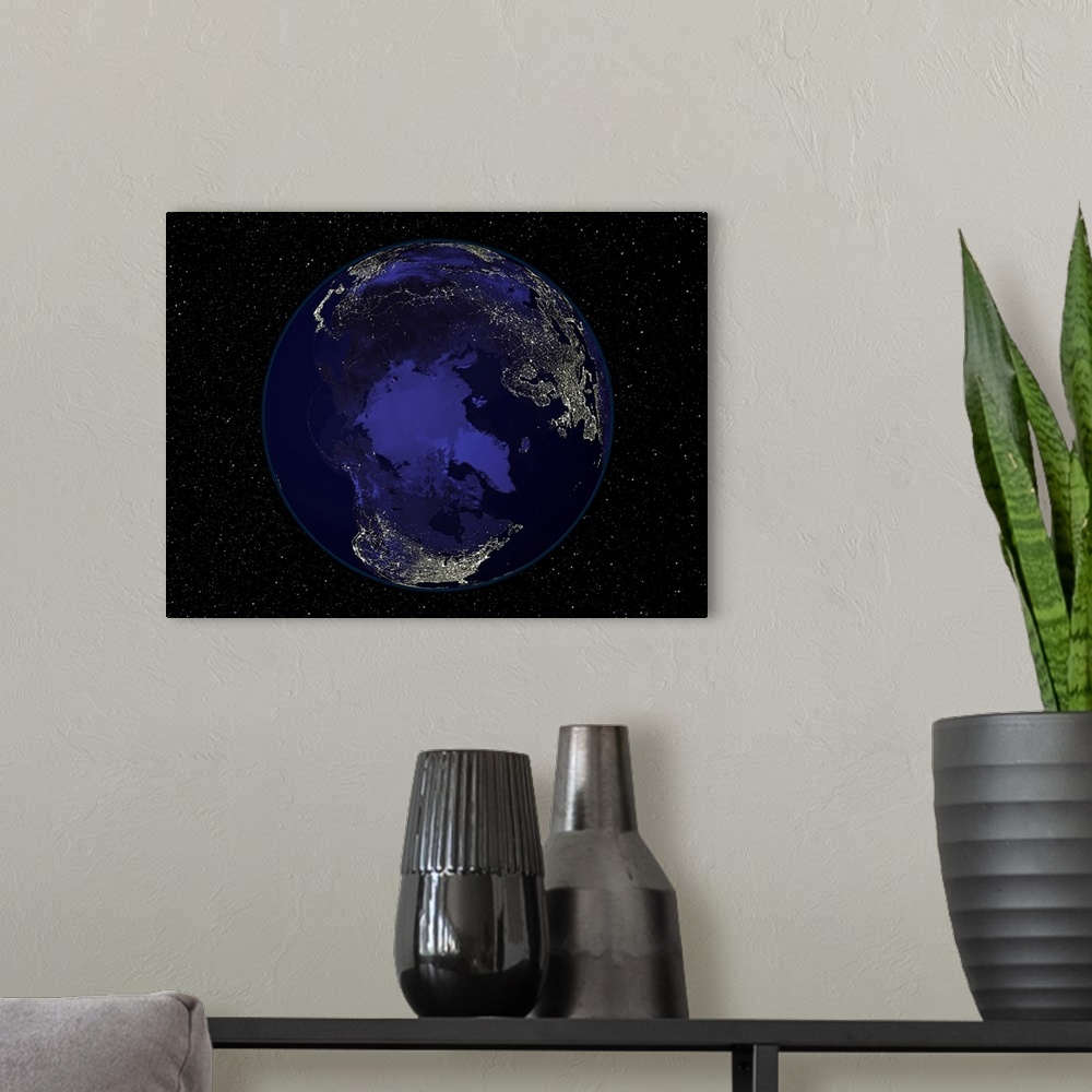 A modern room featuring Fully dark city lights image of Earth centered on the North Pole