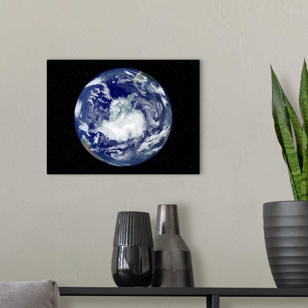 A modern room featuring Fully lit full disk image centered on the South Pole