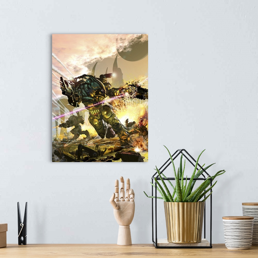 A bohemian room featuring Futuristic robotic marines charging on a battlefield.